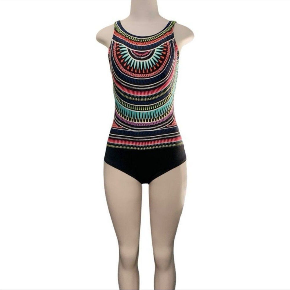 Clean Water One Piece Swimsuit Black Multicolored Pattern Modest Medium New